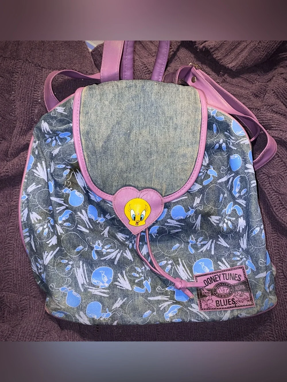 Y2K Tweety Bird Denim Knapsack Backpack Looney Toons